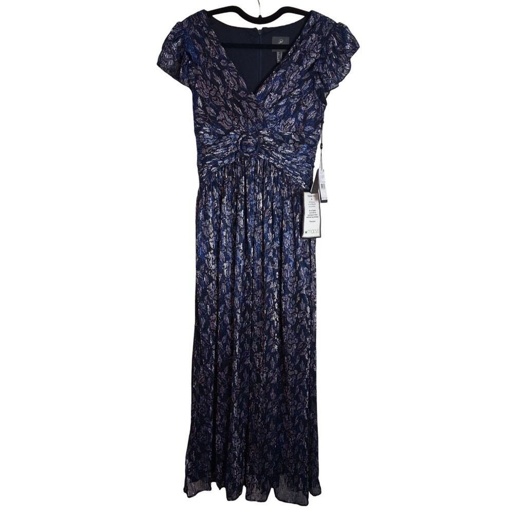 Adrianna Papell Metallic Crinkle Gown Floral Navy Blue Evening Dress 2 NWT $229